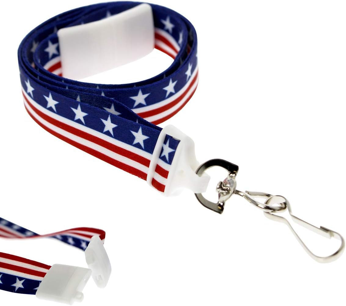2 Pack - American Flag Lanyard for ID Badges & Keys - Patriotic USA Lanyards for Fourth of July Supplies - Red White & Blue Stars & Stripes - Soft Fabric Safety Breakaway Clasp