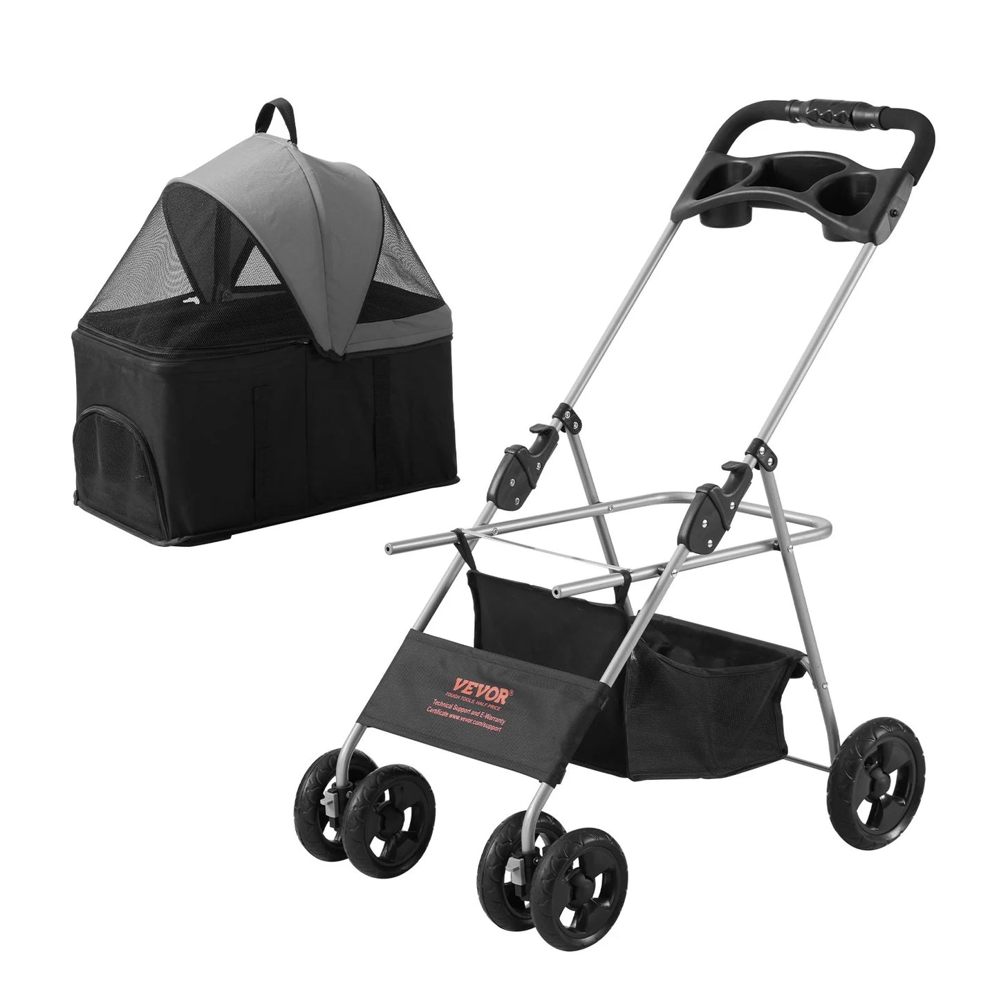 Luxury 4-Wheel Pet Stroller for Dogs & Cats - Stylish Travel with 35Lbs Capacity, Detachable Carrier, Storage Basket & Cup Holder!