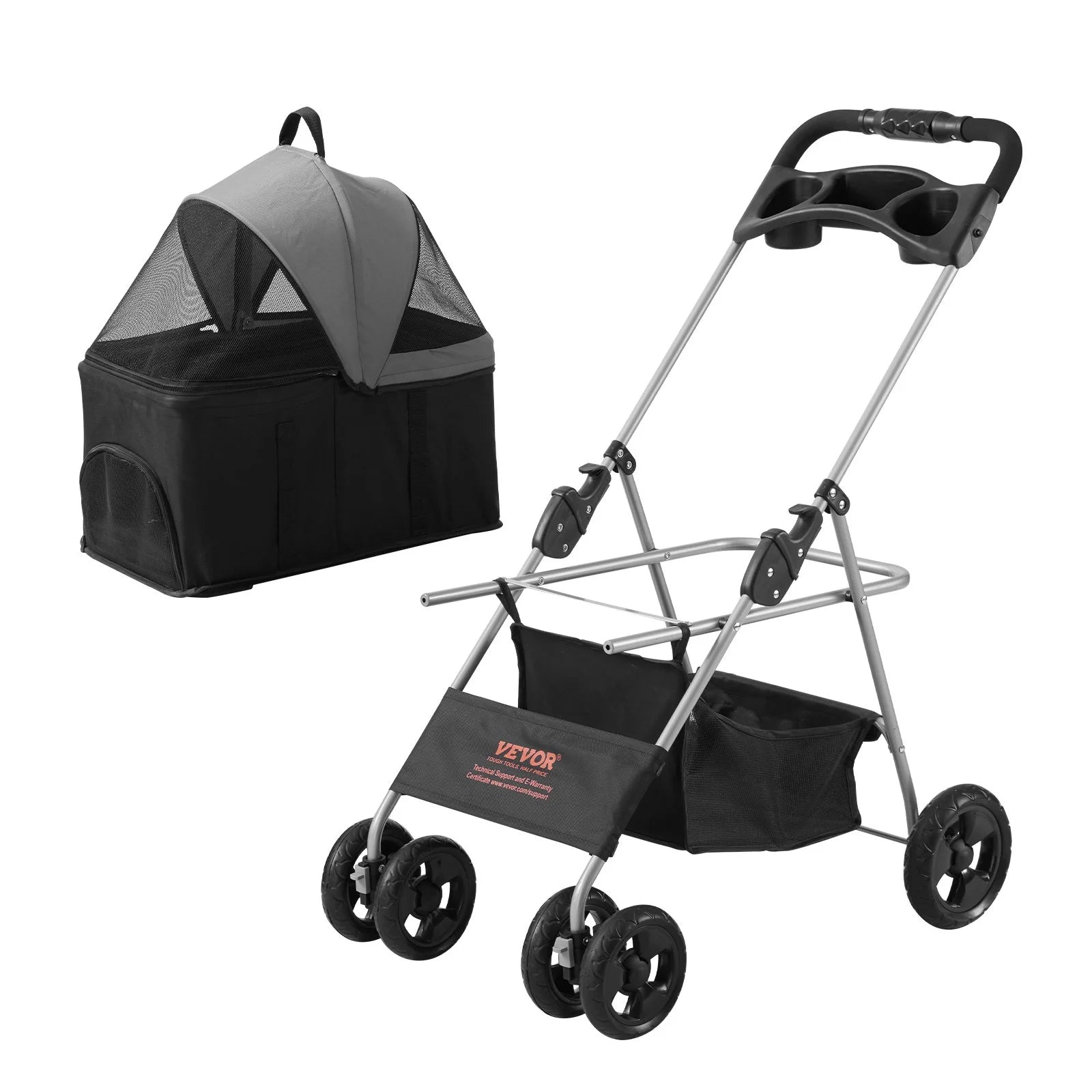 Luxury 4-Wheel Pet Stroller for Dogs & Cats - Stylish Travel with 35Lbs Capacity, Detachable Carrier, Storage Basket & Cup Holder!