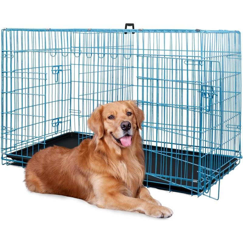 Bestpet Dog Crate Dog Cage Dog Kennel Metal Wire Double-Door Folding Pet Animal Pet Cage with Plastic Tray and Handle for Small Dogs,24 Inches