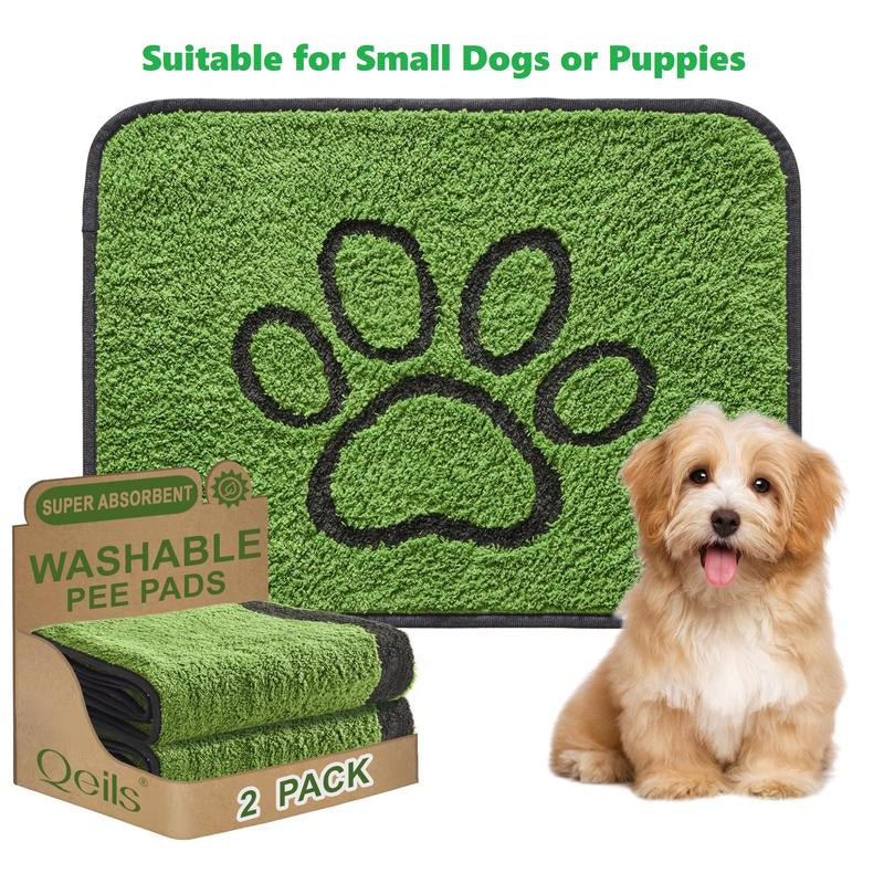 Qeils Washable Pee Pads for Dogs - 2 Pack Super Absorbent Reusable Puppy Pads in Green Long Wool, Mat, Pet Supplies, Ideal for Potty Training