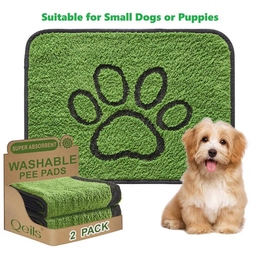 Qeils Washable Pee Pads for Dogs - 2 Pack Super Absorbent Reusable Puppy Pads in Green Long Wool, Mat, Pet Supplies, Ideal for Potty Training