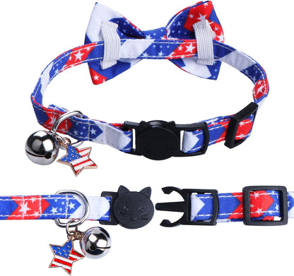2 Pack 4Th of July Cat Collars with Bow Tie Bell, Breakaway Adjustable Red White and Blue USA Flag Star Cat Kitten Collars with Bowtie Bell for Cats Kittens (USA Flag & Star)