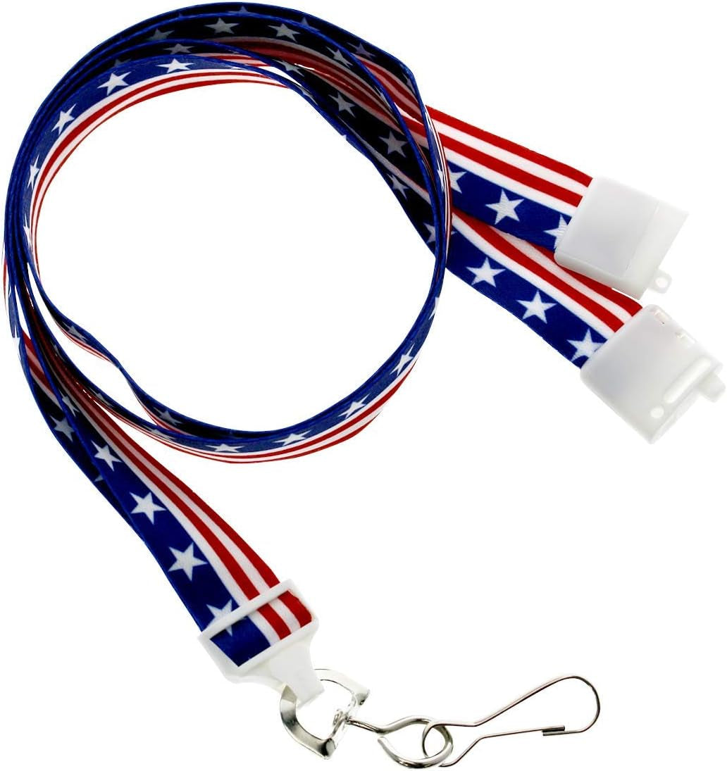 2 Pack - American Flag Lanyard for ID Badges & Keys - Patriotic USA Lanyards for Fourth of July Supplies - Red White & Blue Stars & Stripes - Soft Fabric Safety Breakaway Clasp