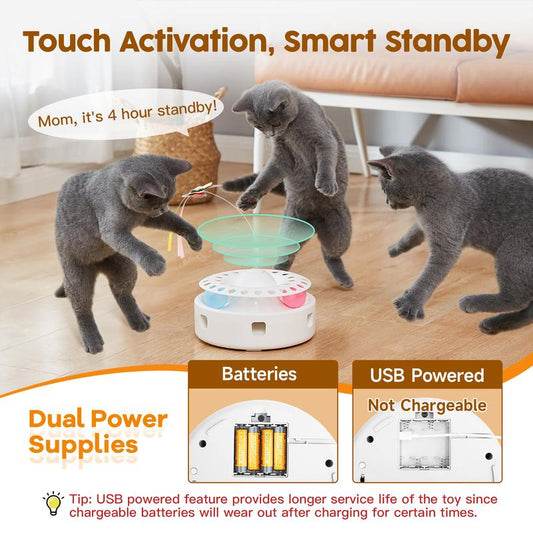 Potaroma 3In1 Cat Toys Automatic Interactive Kitten Toy, Fluttering Butterfly, Moving Ambush Feather, Track Balls, Dual Power Supplies, USB Powered, Indoor Exercise Kicker