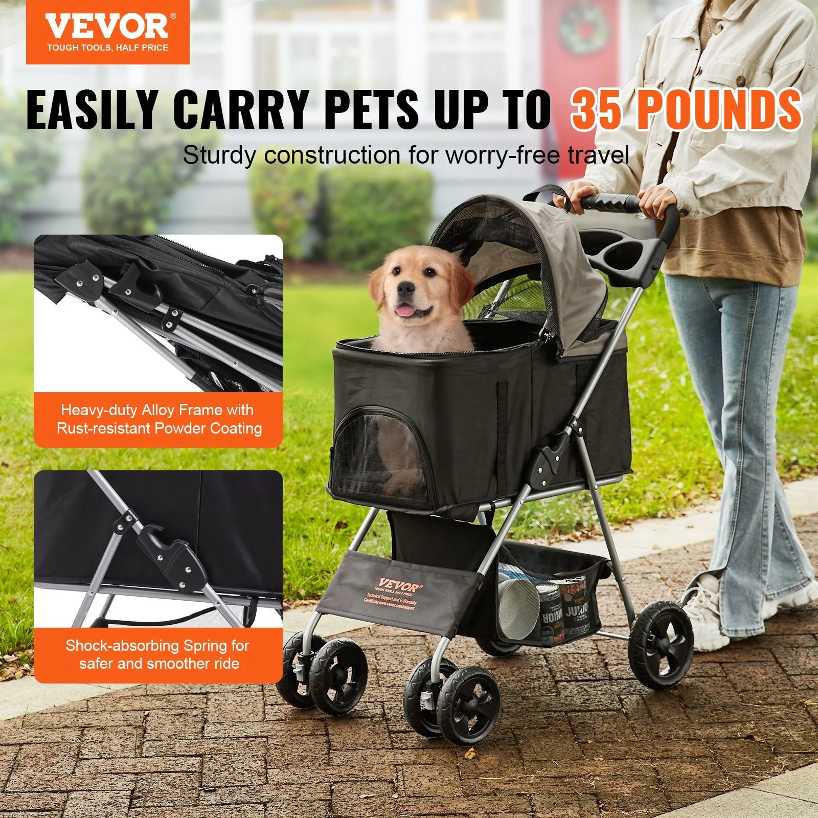 Luxury 4-Wheel Pet Stroller for Dogs & Cats - Stylish Travel with 35Lbs Capacity, Detachable Carrier, Storage Basket & Cup Holder!