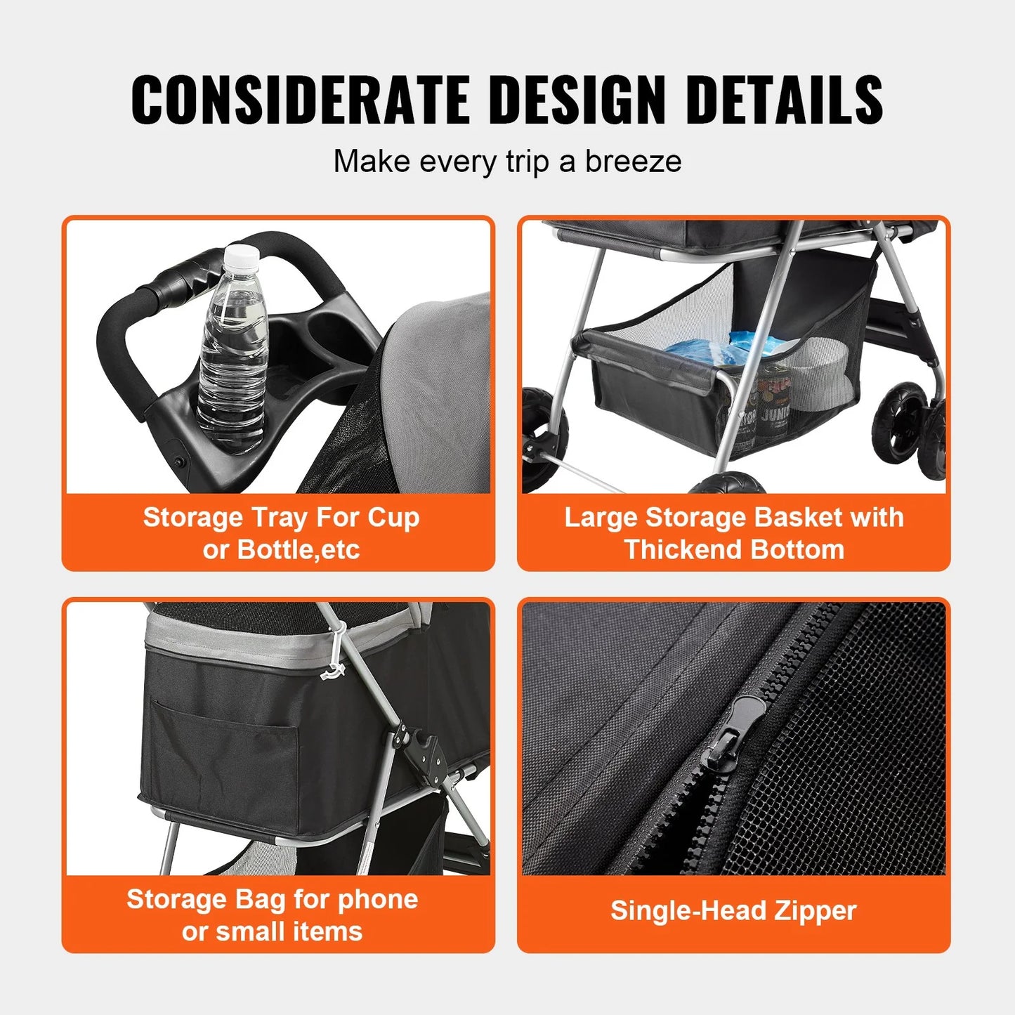 Luxury 4-Wheel Pet Stroller for Dogs & Cats - Stylish Travel with 35Lbs Capacity, Detachable Carrier, Storage Basket & Cup Holder!