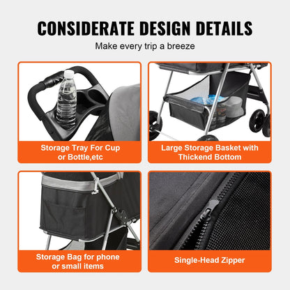 Luxury 4-Wheel Pet Stroller for Dogs & Cats - Stylish Travel with 35Lbs Capacity, Detachable Carrier, Storage Basket & Cup Holder!