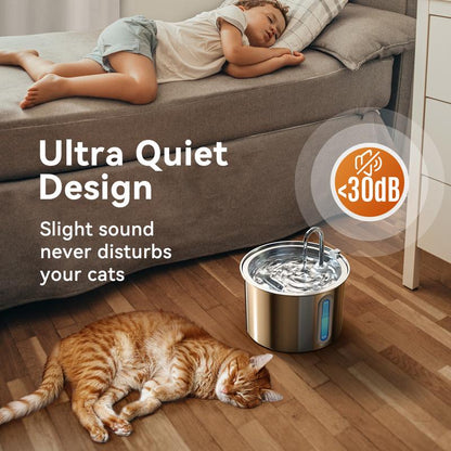 Oneisall Cat Water Fountain with 3 Replacement Filters,304 Stainless Steel, 2L/67Oz Automatic Water Fountain for Cats , Visual Water Level Window with Led,Gift for Pet