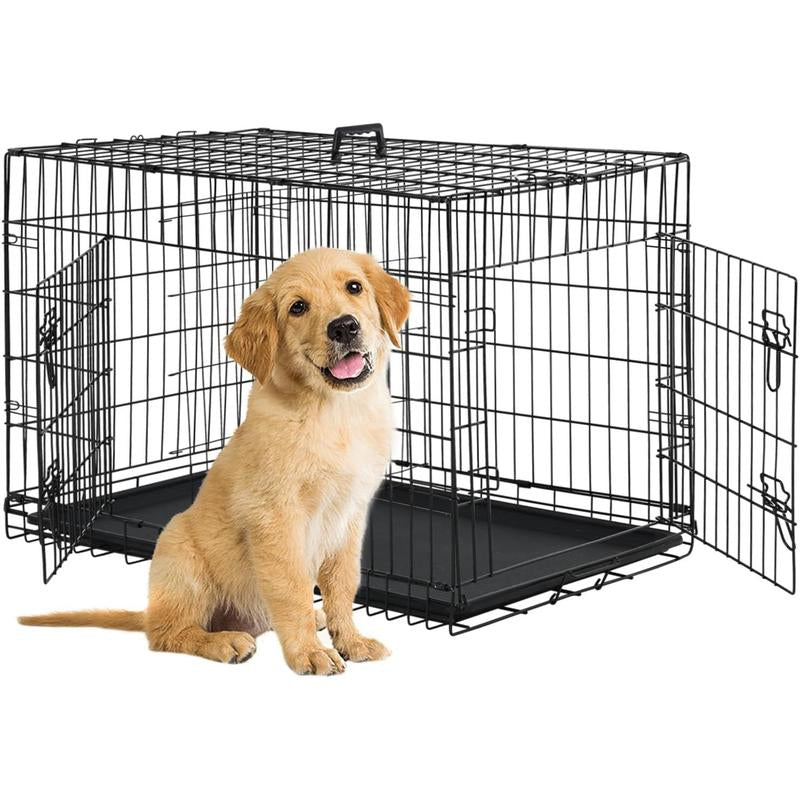 Bestpet Dog Crate Dog Cage Dog Kennel Metal Wire Double-Door Folding Pet Animal Pet Cage with Plastic Tray and Handle for Small Dogs,24 Inches