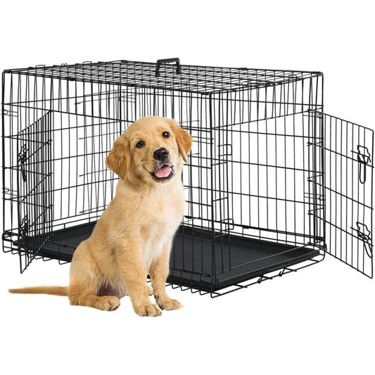 Bestpet Dog Crate Dog Cage Dog Kennel Metal Wire Double-Door Folding Pet Animal Pet Cage with Plastic Tray and Handle for Small Dogs,24 Inches