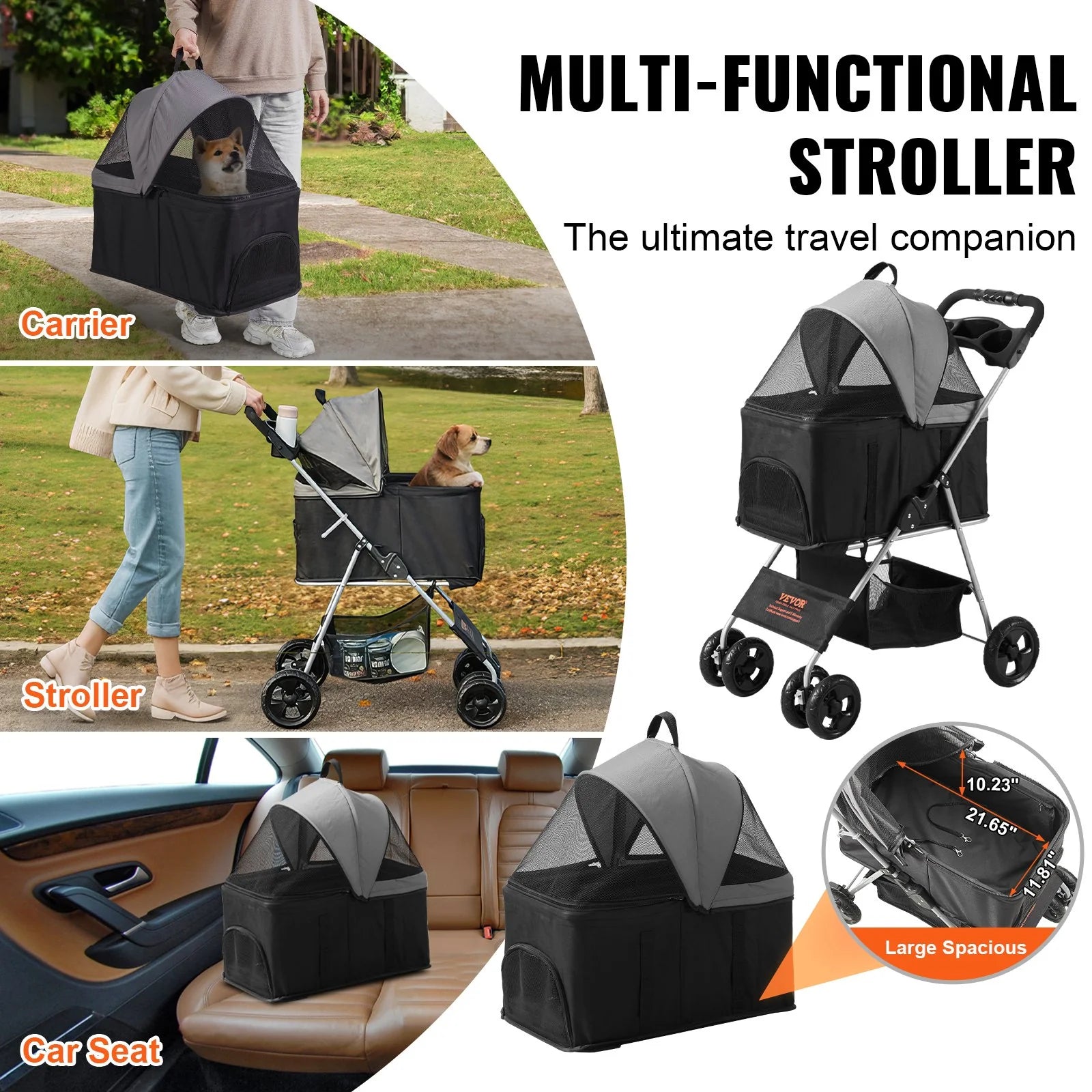 Luxury 4-Wheel Pet Stroller for Dogs & Cats - Stylish Travel with 35Lbs Capacity, Detachable Carrier, Storage Basket & Cup Holder!