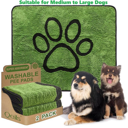 Qeils Washable Pee Pads for Dogs - 2 Pack Super Absorbent Reusable Puppy Pads in Green Long Wool, Mat, Pet Supplies, Ideal for Potty Training