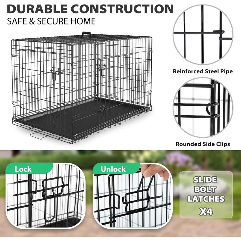 Bestpet Dog Crate Dog Cage Dog Kennel Metal Wire Double-Door Folding Pet Animal Pet Cage with Plastic Tray and Handle for Small Dogs,24 Inches