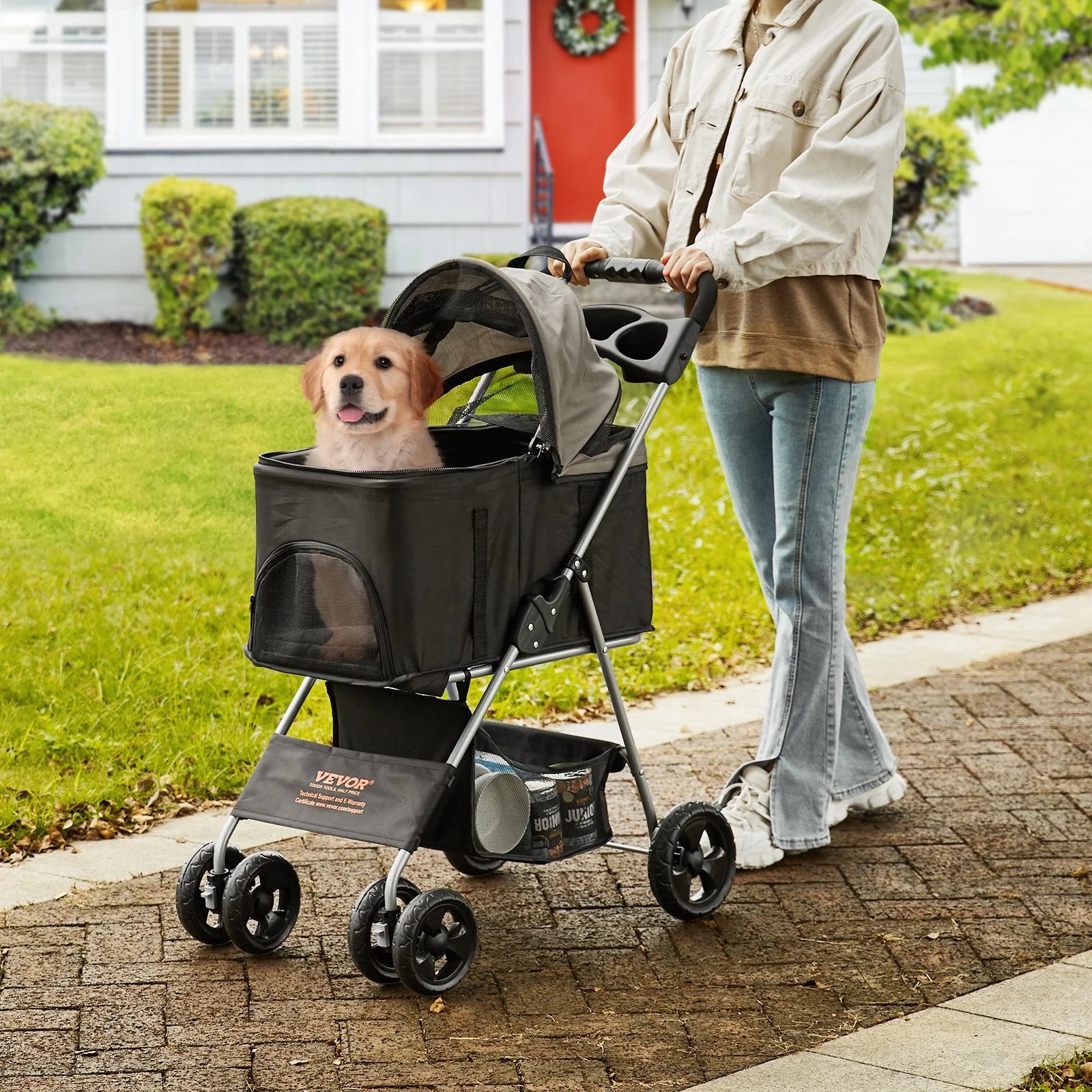 Luxury 4-Wheel Pet Stroller for Dogs & Cats - Stylish Travel with 35Lbs Capacity, Detachable Carrier, Storage Basket & Cup Holder!