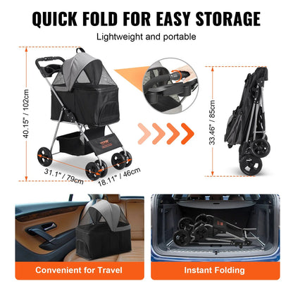 Luxury 4-Wheel Pet Stroller for Dogs & Cats - Stylish Travel with 35Lbs Capacity, Detachable Carrier, Storage Basket & Cup Holder!