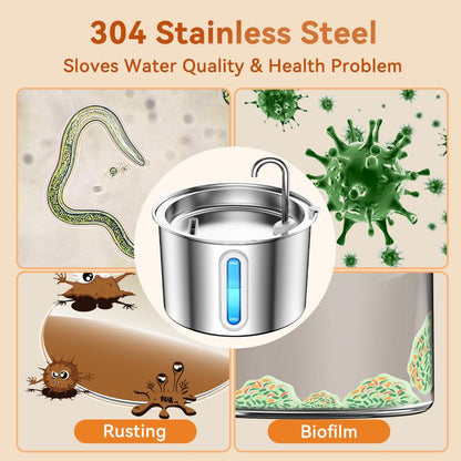 Oneisall Cat Water Fountain with 3 Replacement Filters,304 Stainless Steel, 2L/67Oz Automatic Water Fountain for Cats , Visual Water Level Window with Led,Gift for Pet