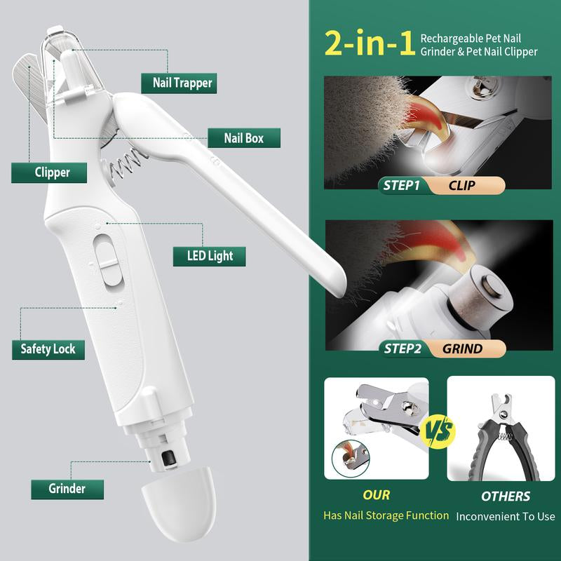 2-In-1 Pet Nail Polisher, Dog Nail Clipper Trimmer, Ultra Quiet Electric Nail Set, Rechargeable, Suitable for Trimming Toes and Claws of Dogs and Cats of All Sizes