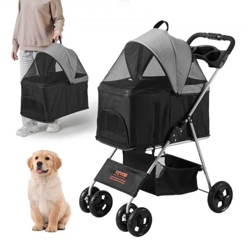 Luxury 4-Wheel Pet Stroller for Dogs & Cats - Stylish Travel with 35Lbs Capacity, Detachable Carrier, Storage Basket & Cup Holder!