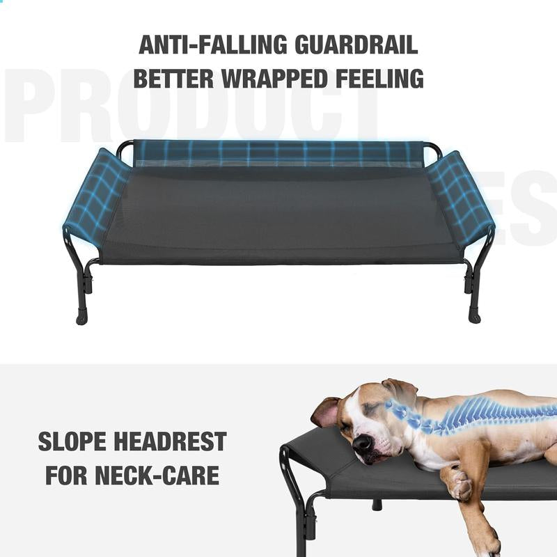 Cooling Elevated Bed, Cots Beds for Large Dogs, Raised Bed with Guardrail & Slope Headrest, Durable & Breathable Teslin Mesh, Sofa Bed for Indoor & Outdoor, Large, Black