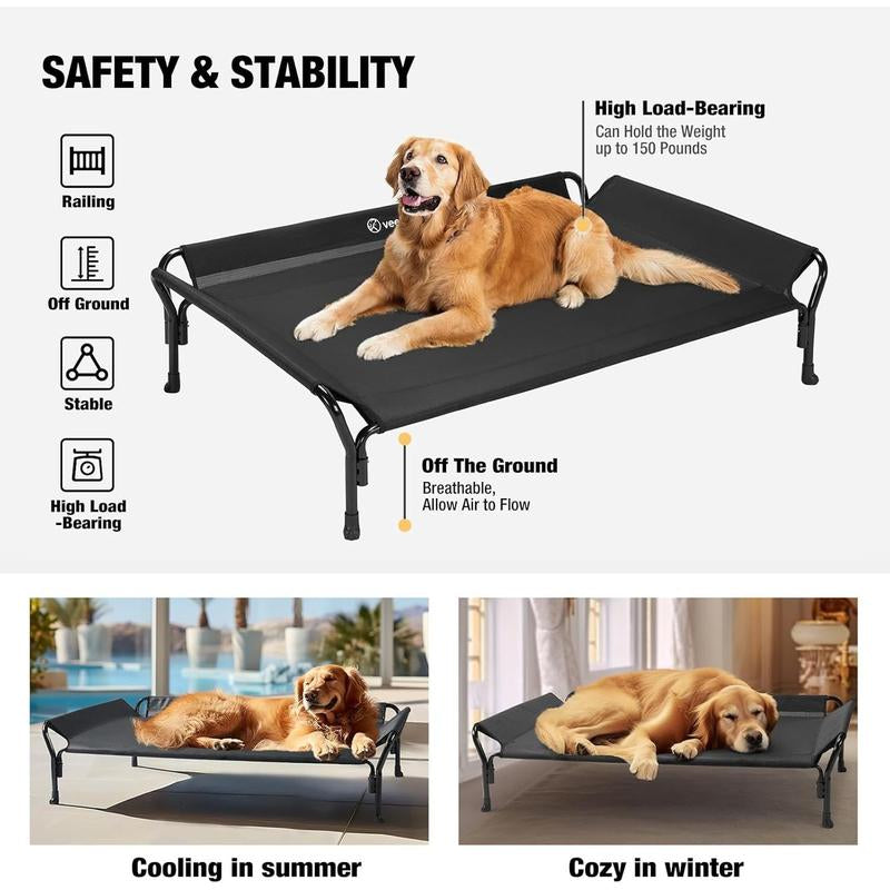 Cooling Elevated Bed, Cots Beds for Large Dogs, Raised Bed with Guardrail & Slope Headrest, Durable & Breathable Teslin Mesh, Sofa Bed for Indoor & Outdoor, Large, Black