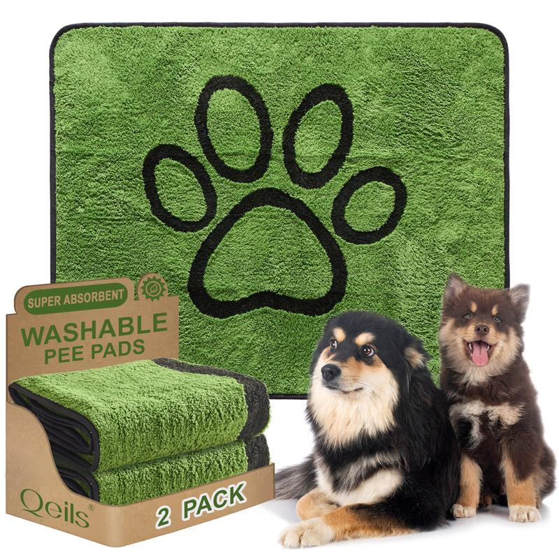 Qeils Washable Pee Pads for Dogs - 2 Pack Super Absorbent Reusable Puppy Pads in Green Long Wool, Mat, Pet Supplies, Ideal for Potty Training