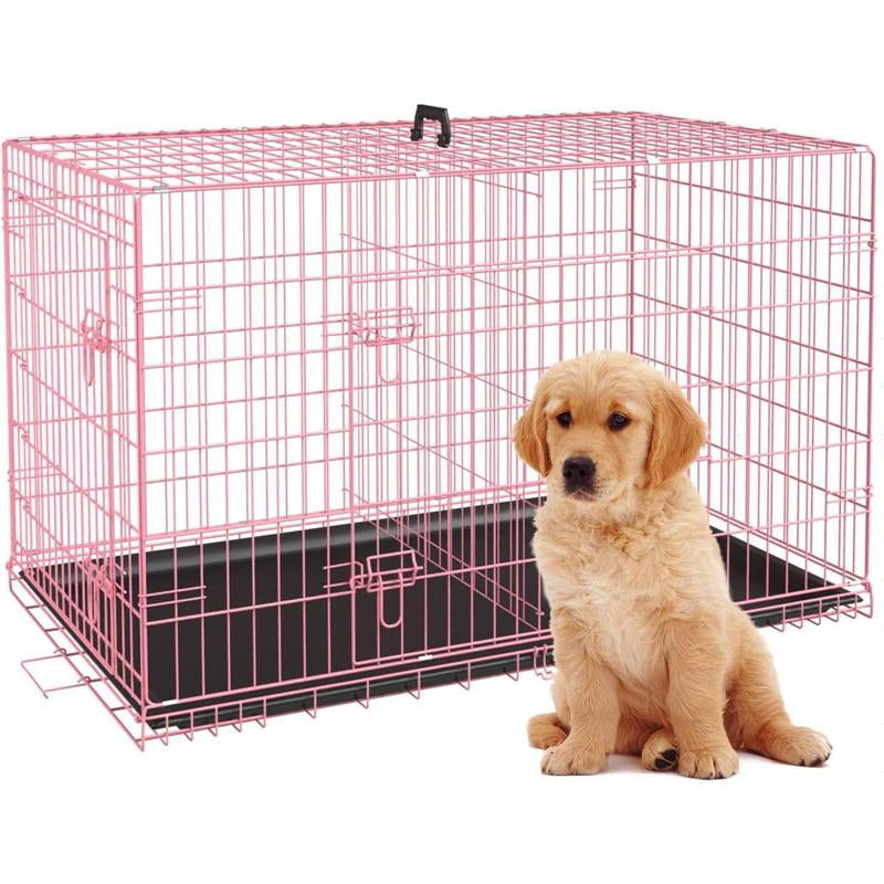 Bestpet Dog Crate Dog Cage Dog Kennel Metal Wire Double-Door Folding Pet Animal Pet Cage with Plastic Tray and Handle for Small Dogs,24 Inches